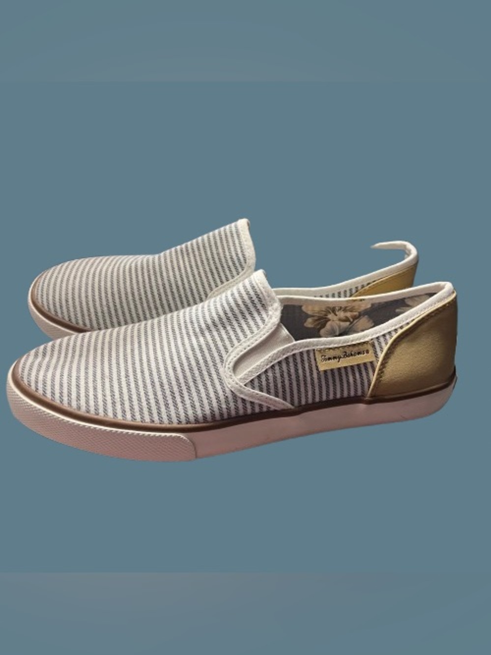 Tommy Bahama Sailor Striped Slip On Shoes Gold Yellow Tan Navy Blue 9.5 EUC